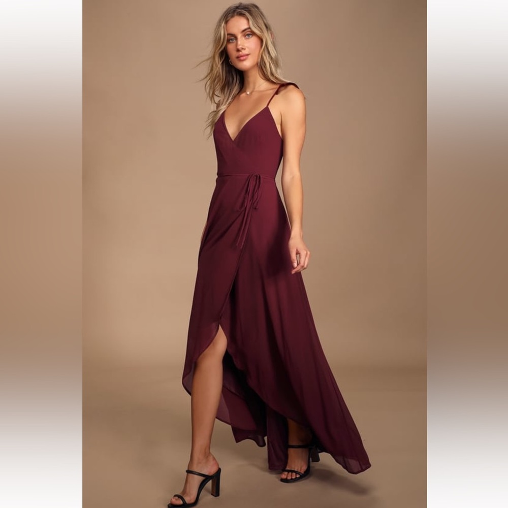 Lulus Heres to Us Burgundy High Low Wrap Dress Womens Size XS | Only Worn Once!